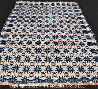 Antique Hand Loomed Woven Tri-color Jacquard Coverlet in Orange Navy & White; 60" x 90"