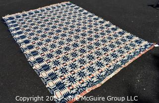 Antique Hand Loomed Woven Tri-color Jacquard Coverlet in Orange Navy & White; 60" x 90"