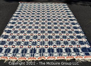 Antique Hand Loomed Woven Tri-color Jacquard Coverlet in Orange Navy & White; 60" x 90"