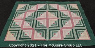 Antique "Log Cabin" Quilt on Green Ground.  Measures 48' X 68" 