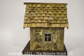 Primitive Hand Crafted Stone and Wood Bird House.   Measures 13" x 12" x 12". 