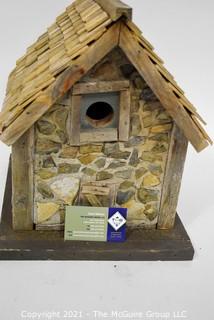 Primitive Hand Crafted Stone and Wood Bird House.   Measures 13" x 12" x 12". 