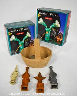 Group of Garden Items Including Two (2)  Floodlight Outlets in Boxes, Cast Iron Finials and Ceramic Basket Planter