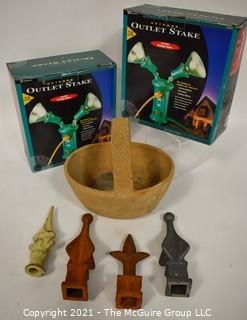 Group of Garden Items Including Two (2)  Floodlight Outlets in Boxes, Cast Iron Finials and Ceramic Basket Planter