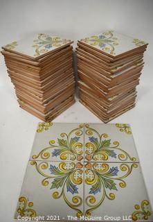 Large Group of Vintage Italian Painted Ceramic Tiles by Sanbenno Imola Ceramics: 8" x 8".  Over 80 Pieces.