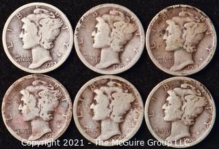 Coin: Six Silver Mercury Head Dimes 1919-1923 (P-D-S)