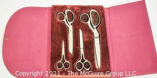 Complete Vintage Wiss Set of 4 Inlaid Steel Sewing Scissors in Case