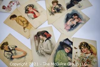 Collection of 1912 Alice Luella Fidler Series #4 American Girl Post Cards. Portraits of Women with Flowers 