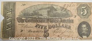 1864 Five (5) Dollar Confederate Note; numbered and signed.  