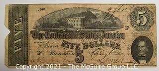 1864 Five (5) Dollar Confederate Note; numbered and signed.  