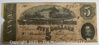 1864 Five (5) Dollar Confederate Note; numbered and signed.  