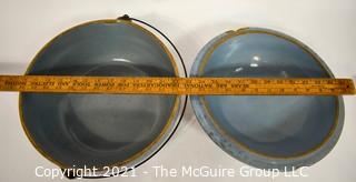 Vintage Primitive Farmhouse Cornflower Blue Salt Glazed Stoneware Cookware Bowl with Lid and Metal Handle.  Measures 13" Diameter. (TMG re-numbered)