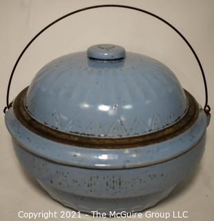 Vintage Primitive Farmhouse Cornflower Blue Salt Glazed Stoneware Cookware Bowl with Lid and Metal Handle.  Measures 13" Diameter. (TMG re-numbered)