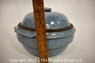 Vintage Primitive Farmhouse Cornflower Blue Salt Glazed Stoneware Cookware Bowl with Lid and Metal Handle.  Measures 13" Diameter. (TMG re-numbered)