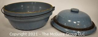 Vintage Primitive Farmhouse Cornflower Blue Salt Glazed Stoneware Cookware Bowl with Lid and Metal Handle.  Measures 13" Diameter. (TMG re-numbered)