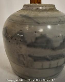 Antique Stoneware Crock or Ginger Jar with Blue Asian Hand Painted Decoration.  Measures 6" tall.