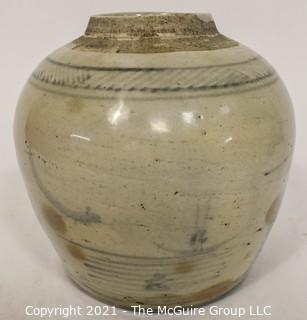 Antique Stoneware Crock or Ginger Jar with Blue Asian Hand Painted Decoration.  Measures 6" tall.