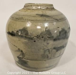 Antique Stoneware Crock or Ginger Jar with Blue Asian Hand Painted Decoration.  Measures 6" tall.