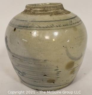 Antique Stoneware Crock or Ginger Jar with Blue Asian Hand Painted Decoration.  Measures 6" tall.