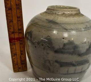 Antique Stoneware Crock or Ginger Jar with Blue Asian Hand Painted Decoration.  Measures 6" tall.