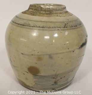 Antique Stoneware Crock or Ginger Jar with Blue Asian Hand Painted Decoration.  Measures 6" tall.