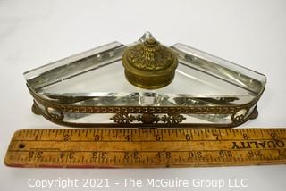 French Revival Crystal Inkwell in Brass Stand with Cherubs. Measures 9" Long.