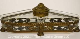 French Revival Crystal Inkwell in Brass Stand with Cherubs. Measures 9" Long.