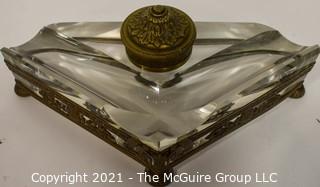 French Revival Crystal Inkwell in Brass Stand with Cherubs. Measures 9" Long.