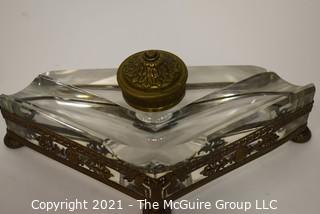 French Revival Crystal Inkwell in Brass Stand with Cherubs. Measures 9" Long.