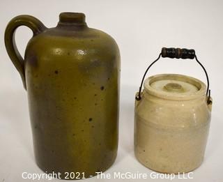 Set of Two (2) Vintage Salt Glazed Stone Ware Pottery Pantry Items.  Includes Jug with Handle and Jar with Lid and Wire Handle.