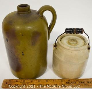 Set of Two (2) Vintage Salt Glazed Stone Ware Pottery Pantry Items.  Includes Jug with Handle and Jar with Lid and Wire Handle.