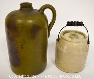 Set of Two (2) Vintage Salt Glazed Stone Ware Pottery Pantry Items.  Includes Jug with Handle and Jar with Lid and Wire Handle.