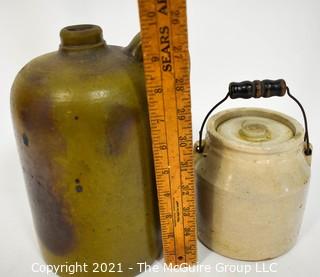 Set of Two (2) Vintage Salt Glazed Stone Ware Pottery Pantry Items.  Includes Jug with Handle and Jar with Lid and Wire Handle.