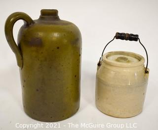 Set of Two (2) Vintage Salt Glazed Stone Ware Pottery Pantry Items.  Includes Jug with Handle and Jar with Lid and Wire Handle.