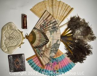 Collection of Vintage Ladies Items.  Includes Hand Fans Including Ostrich Feathers And Japanese Paper Cut Out Decoration and Beaded Handbag.