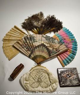 Collection of Vintage Ladies Items.  Includes Hand Fans Including Ostrich Feathers And Japanese Paper Cut Out Decoration and Beaded Handbag.