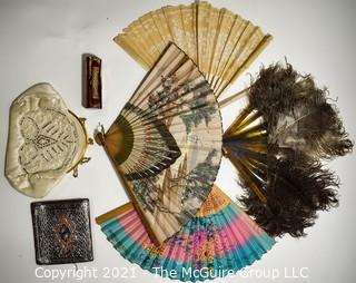 Collection of Vintage Ladies Items.  Includes Hand Fans Including Ostrich Feathers And Japanese Paper Cut Out Decoration and Beaded Handbag.