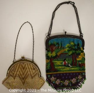 Two (2) Victorian Hand Made Micro Beaded Hand Bags. One with Park Scene.