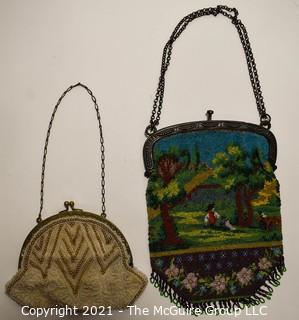 Two (2) Victorian Hand Made Micro Beaded Hand Bags. One with Park Scene.