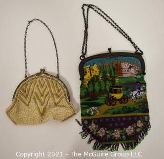 Two (2) Victorian Hand Made Micro Beaded Hand Bags. One with Park Scene.