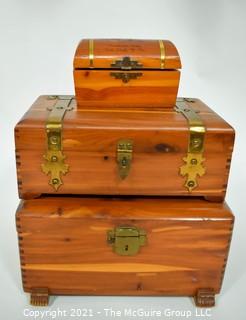 Three (3) Wood Cedar with Brass Trim Trinket Boxes