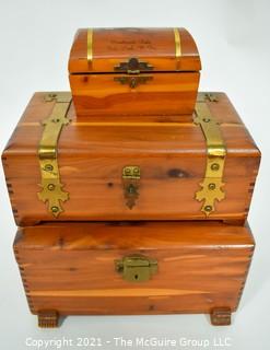 Three (3) Wood Cedar with Brass Trim Trinket Boxes