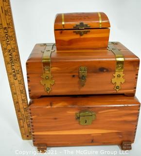 Three (3) Wood Cedar with Brass Trim Trinket Boxes