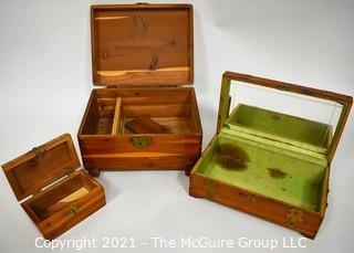 Three (3) Wood Cedar with Brass Trim Trinket Boxes