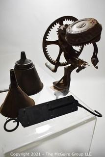 Group of Cast Iron Primitives Including Hand Crank Apple Peeler,Funnels and Spring Scale