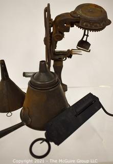 Group of Cast Iron Primitives Including Hand Crank Apple Peeler,Funnels and Spring Scale