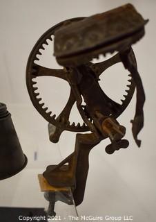 Group of Cast Iron Primitives Including Hand Crank Apple Peeler,Funnels and Spring Scale