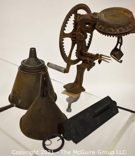 Group of Cast Iron Primitives Including Hand Crank Apple Peeler,Funnels and Spring Scale