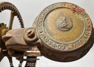 Group of Cast Iron Primitives Including Hand Crank Apple Peeler,Funnels and Spring Scale