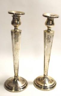 Pair of Weighted Sterling Silver Candlesticks; Engraved; 10" tall.